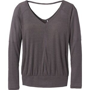 Prana Womens Long Sleeve V-Neck Pullover Top Granite Athleisure Ribbed Large L
